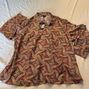 NWT Talbots 100%Silk Womens button up geometric blouse Size 22W.
